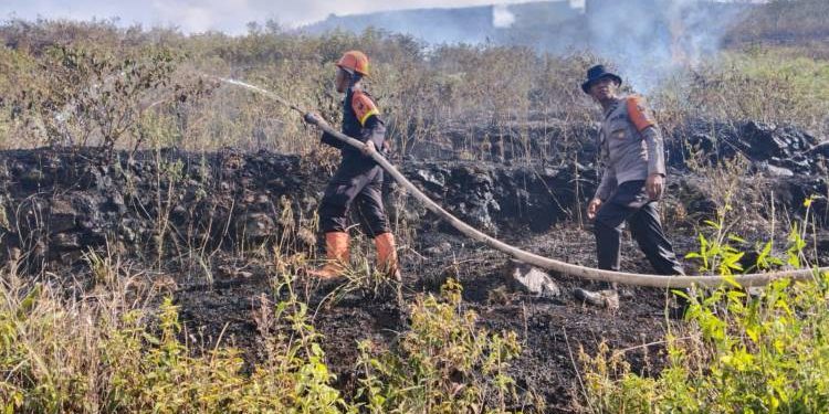 Personel Batalyon B Sat Brimob Polda Sumut Berupaya Lakukan Pemadaman Api Kabupaten Samosir