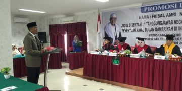 Dr H Faisal Amri,SAg, MAg dalam paparannya dihadapan para penguji sidang terbuka promosi Doktor Pascasarjana UIN SU